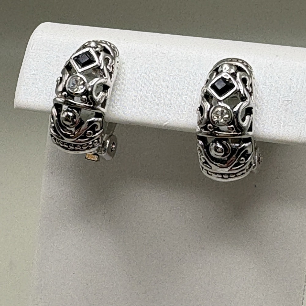 Lauren G Adams Huggie Clip On Earrings Silver Tone Rhodium Plate Cubic Zirconia